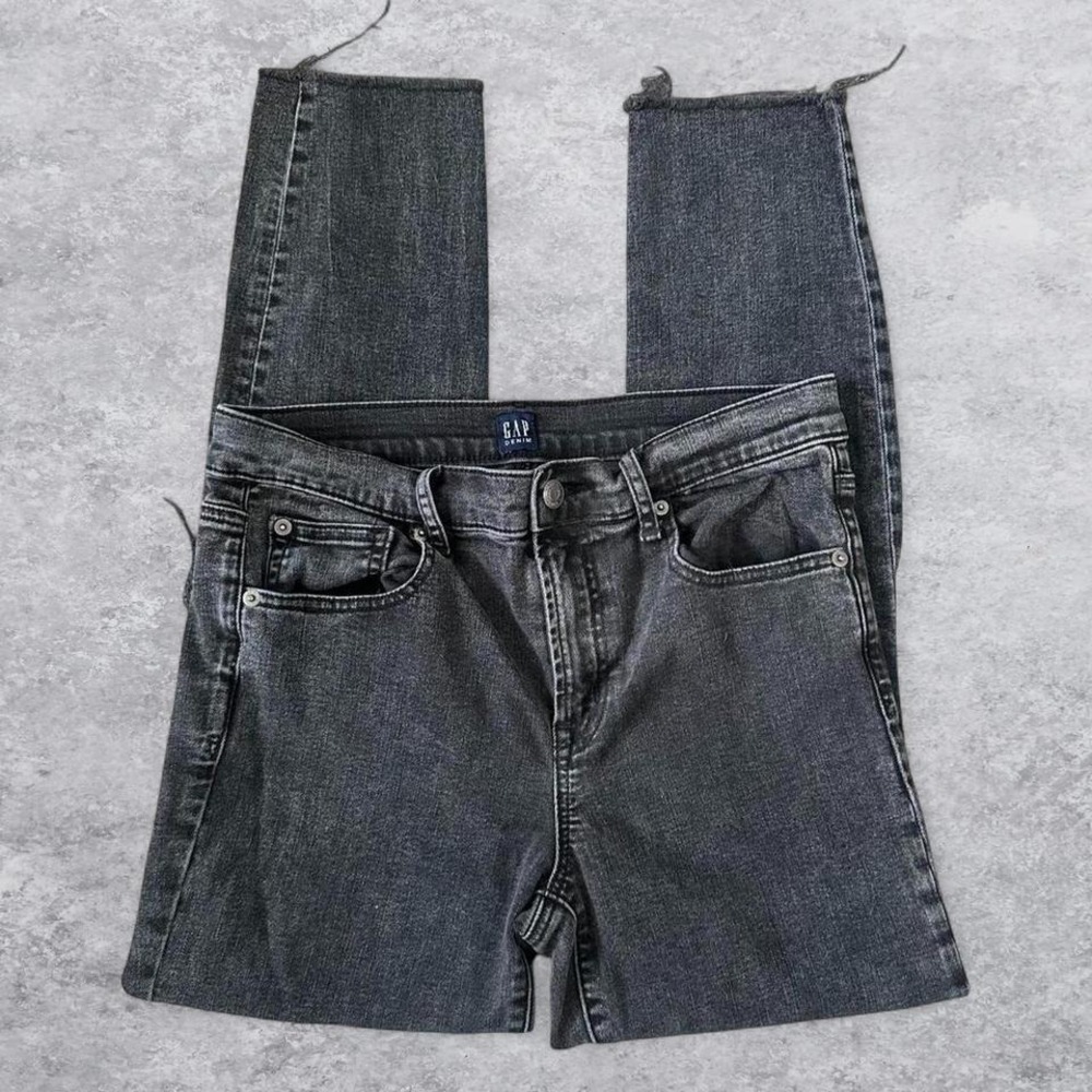 Gap True Skinny Jeans Womens 29 Faded Black Distressed Knee Raw Hem High Rise